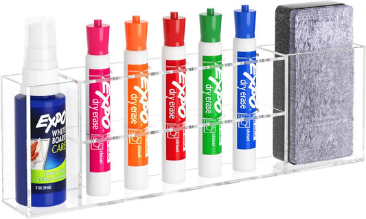 HBlife Acrylic Magnetic Dry Erase Marker Holder for Whiteboard, Wall Mount 5 Slots Magnet Pen Pencil Holder for Fridge Refrigerator, Locker Organizer Accessories for School Classroom Office, Clear