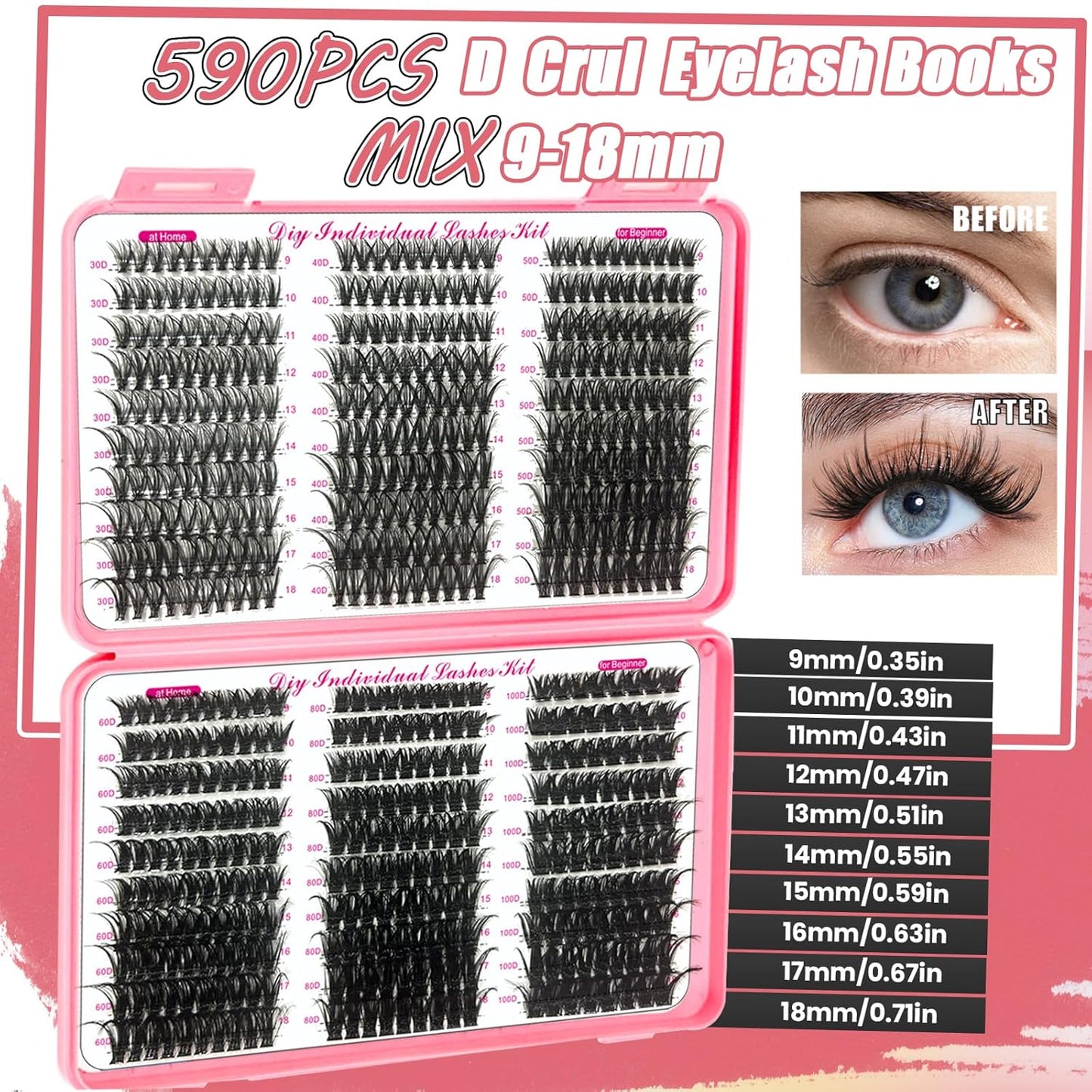 DIY Lash Extension Kit 590Pcs 9-18mm D Curl Lashes Clusters with Lash Bond and Seal Glue Remover Lash Shampoo Cleansing Brush Headband Wristband Tweezers Eyelash Brush Applicator