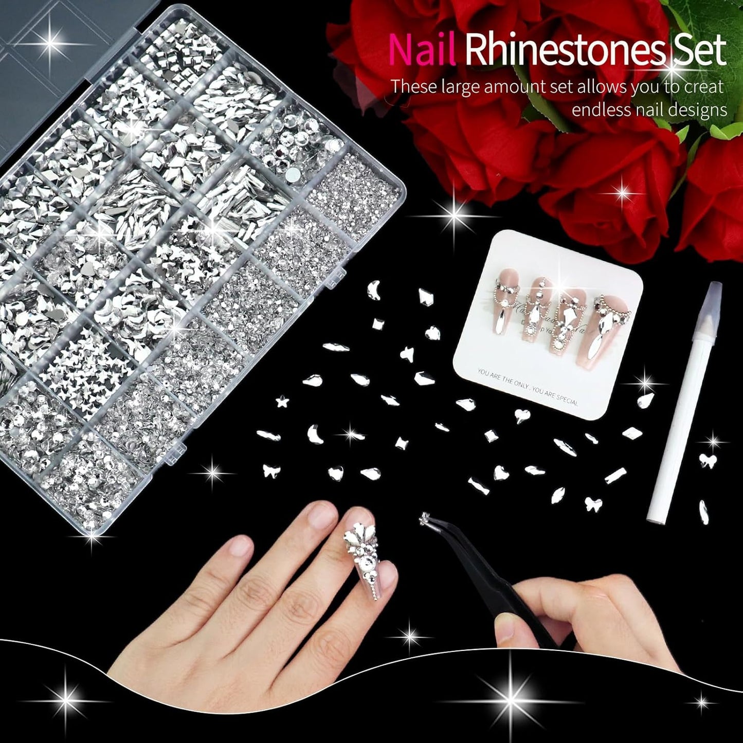 Dowarm 6000PCS Crystal Clear Nail Rhinestones, 16 Types of 800PCS Special-Shaped Diamonds+5200PCS Flatback Rhinestones, 3D Crystal Glass Gemstones for Nail Crafts Decoration, White Gem Stones Charm