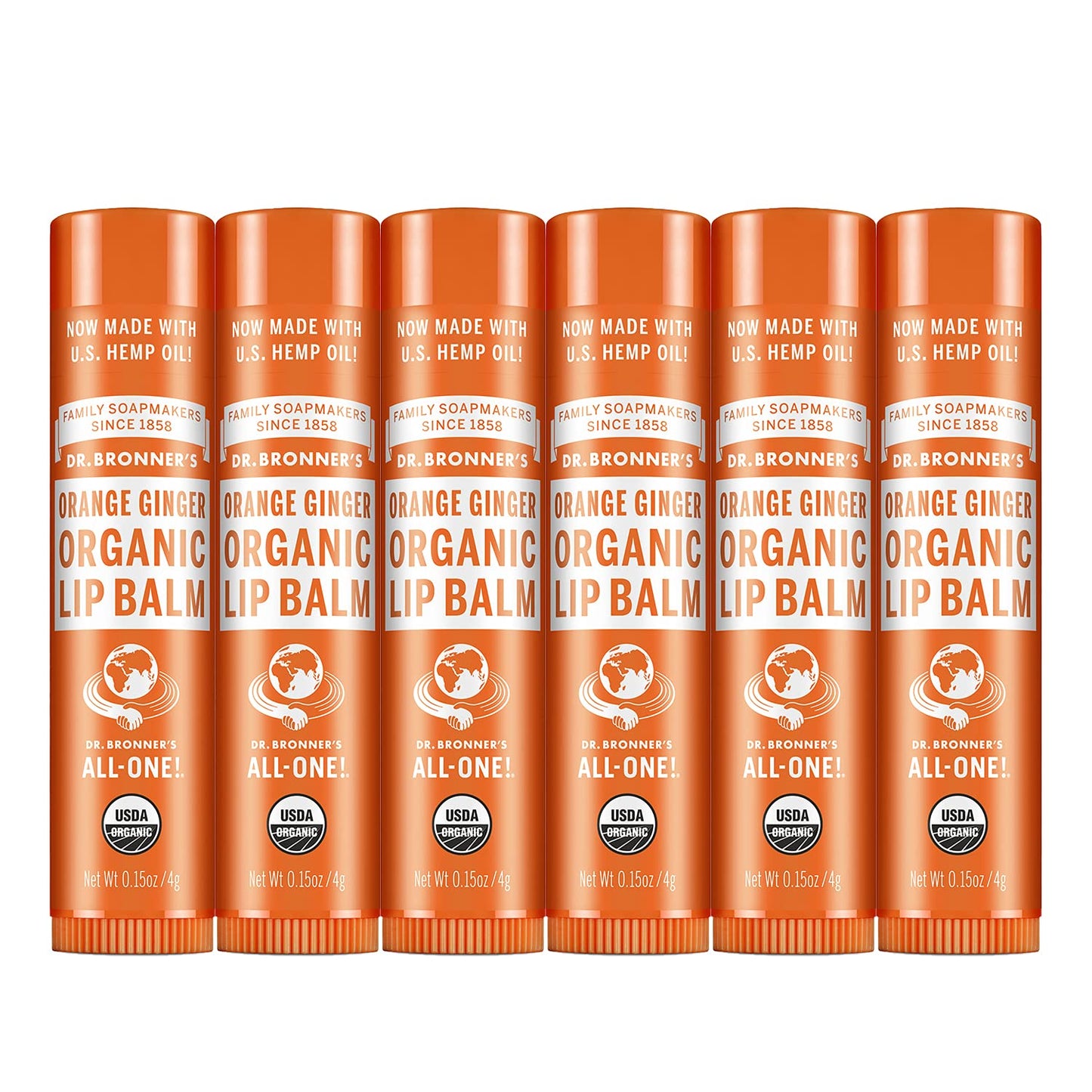 Dr. Bronner’s Organic Lip Balm 6-Pack (.15oz) Natural, Moisturizing, Petroleum-Free Lip Balm with Beeswax & Avocado Oil for Dry Lips, Men & Women - Orange Ginger