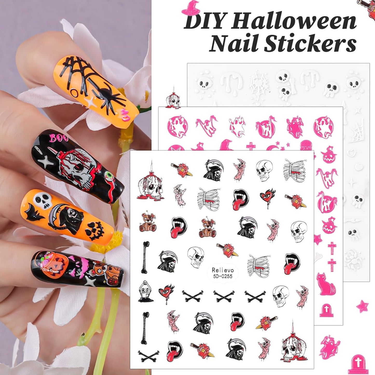 9 Sheets Halloween Nail Art Stickers 5D Embossed Nail Decals Ghost Pumpkin Bat Cat Skull Spider Web Gothic Nail Supplies for Women Girls DIY Nail Decorations
