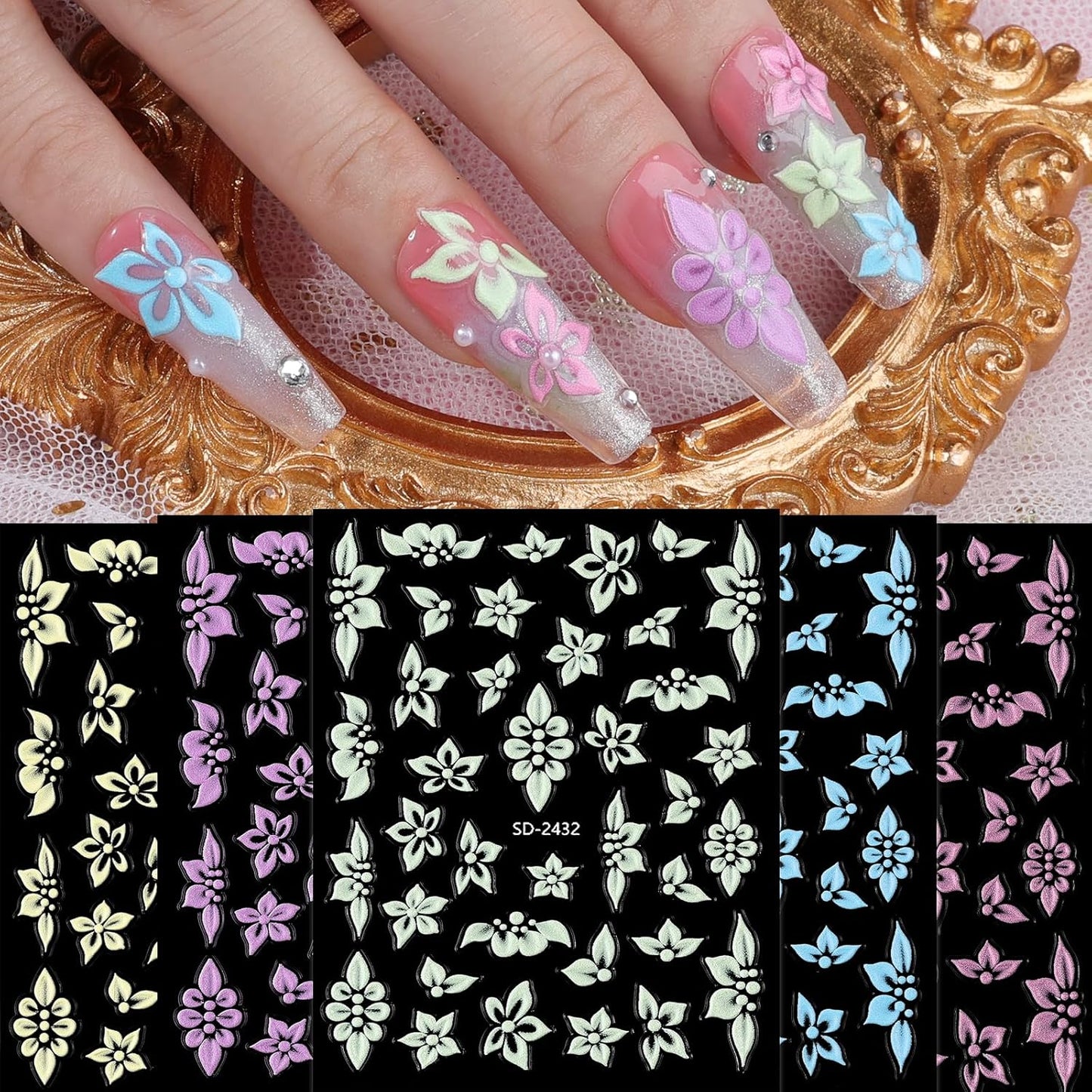 Flower Nail Stickers 5 Sheets Self-Adhesive Floral Nail Decals 5D Embossed Pink Purple Blue Nail Art Stickers Flower Pegatinas para Uñas for Women DIY Manicure Accessories Decorations
