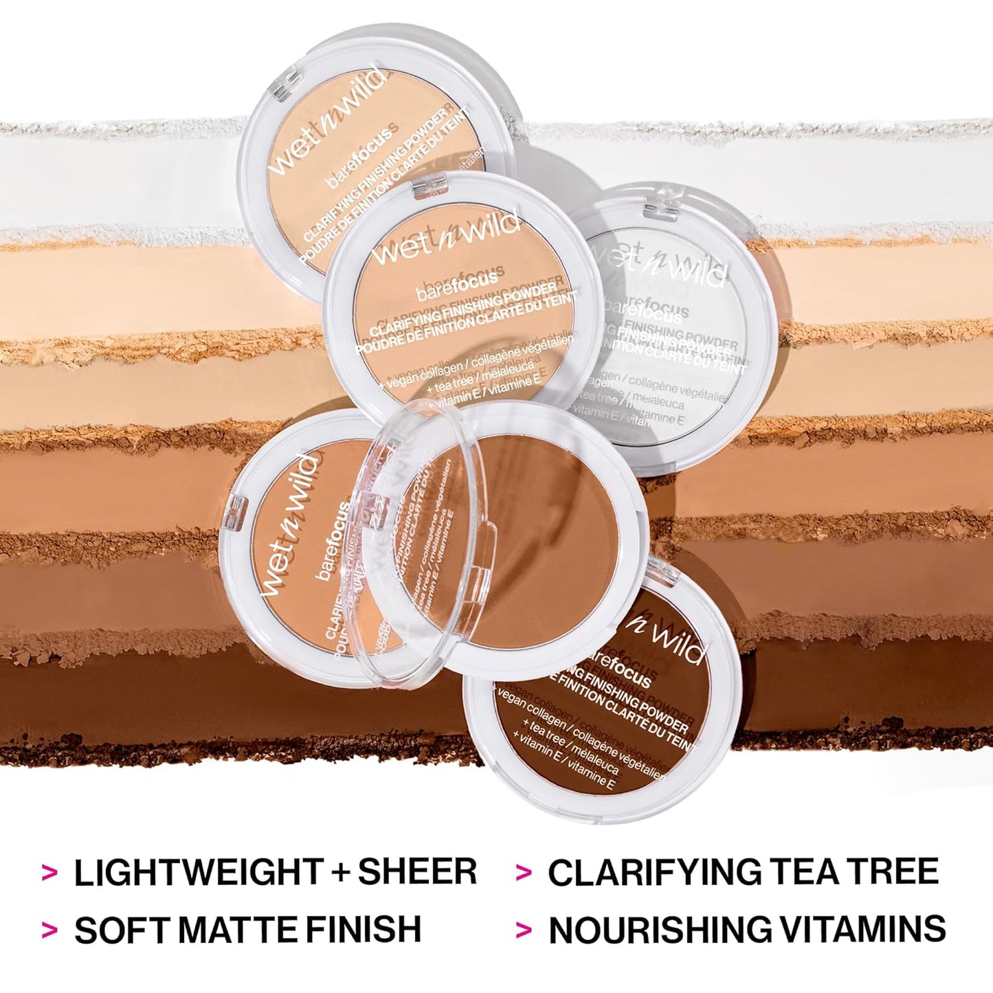 wet n wild Bare Focus Clarifying Finishing Powder Matte Pressed Setting Powder Medium-Tan and Mega Slicks Lip Gloss Long Lasting Hyaluronic Acid High Shine Crystal Clear