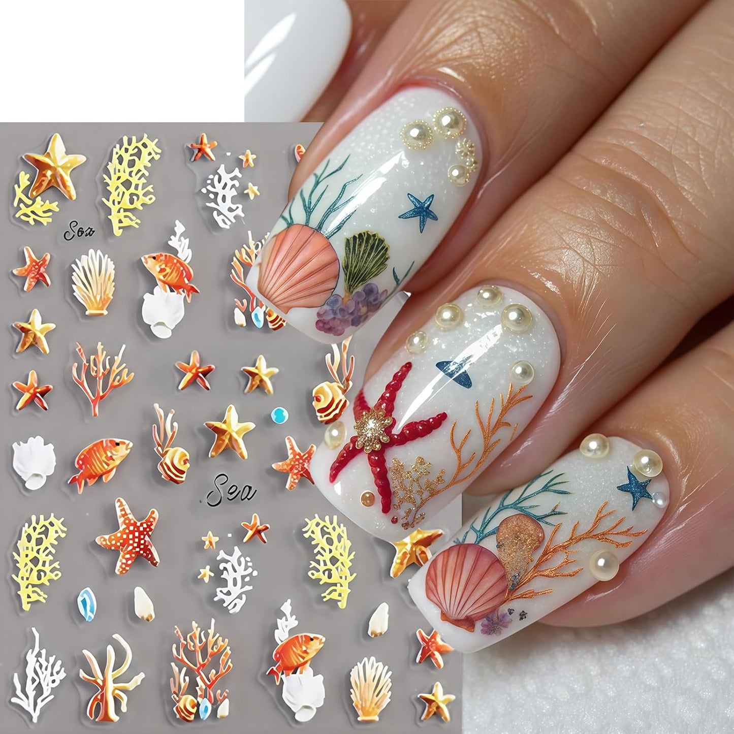 2Sheets Ocean Life 5D Embossed Nail Art Stickers Decals Dolphin Conch Seashell Nail Stickers Self-Adhesive Flowers Turtles Corals Nail Designs Sea Creature Nails Supplies for Women Nails Decoration