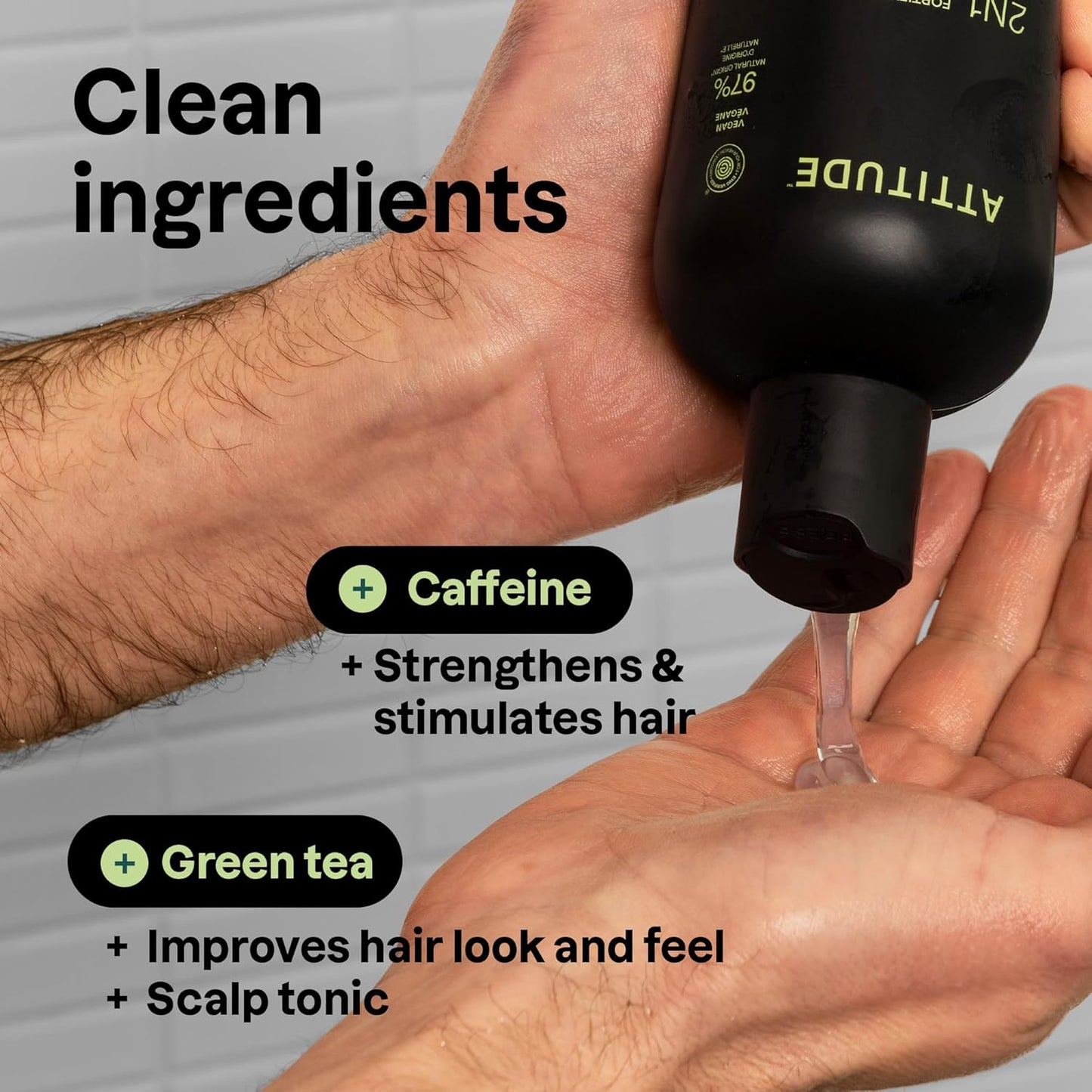 ATTITUDE Men's Shampoo and Conditioner 2-in-1, Fortifying For Fragile Hair, With Caffeine and Green Tea, 97% Natural Origin Ingredients, EWG Verified, Matcha & Bergamot, 14 Fl Oz