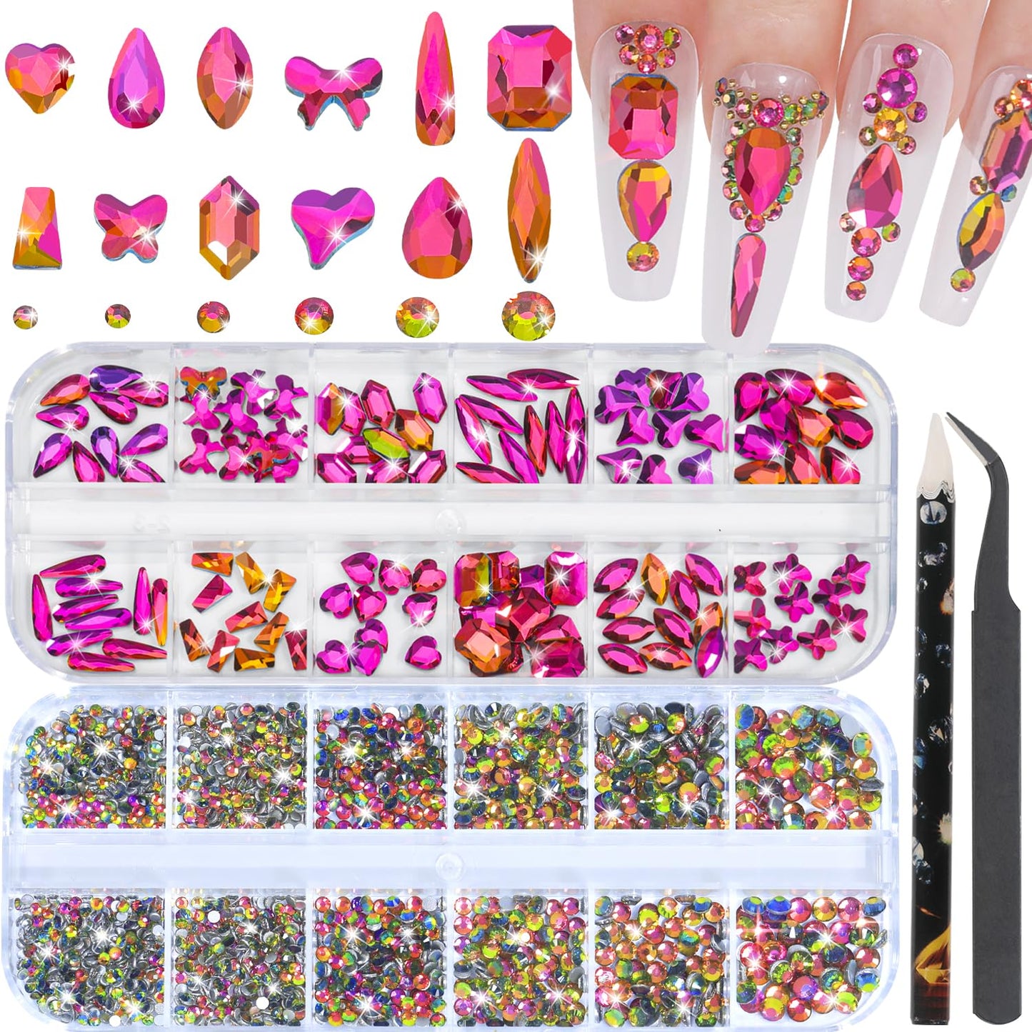 HNUIX Nail Rhinestones - 3D Multi Shape Size, Crystal Colorful Red Nail Gems, Flat Back, with Kit, for Nail Art, DIY Decorations
