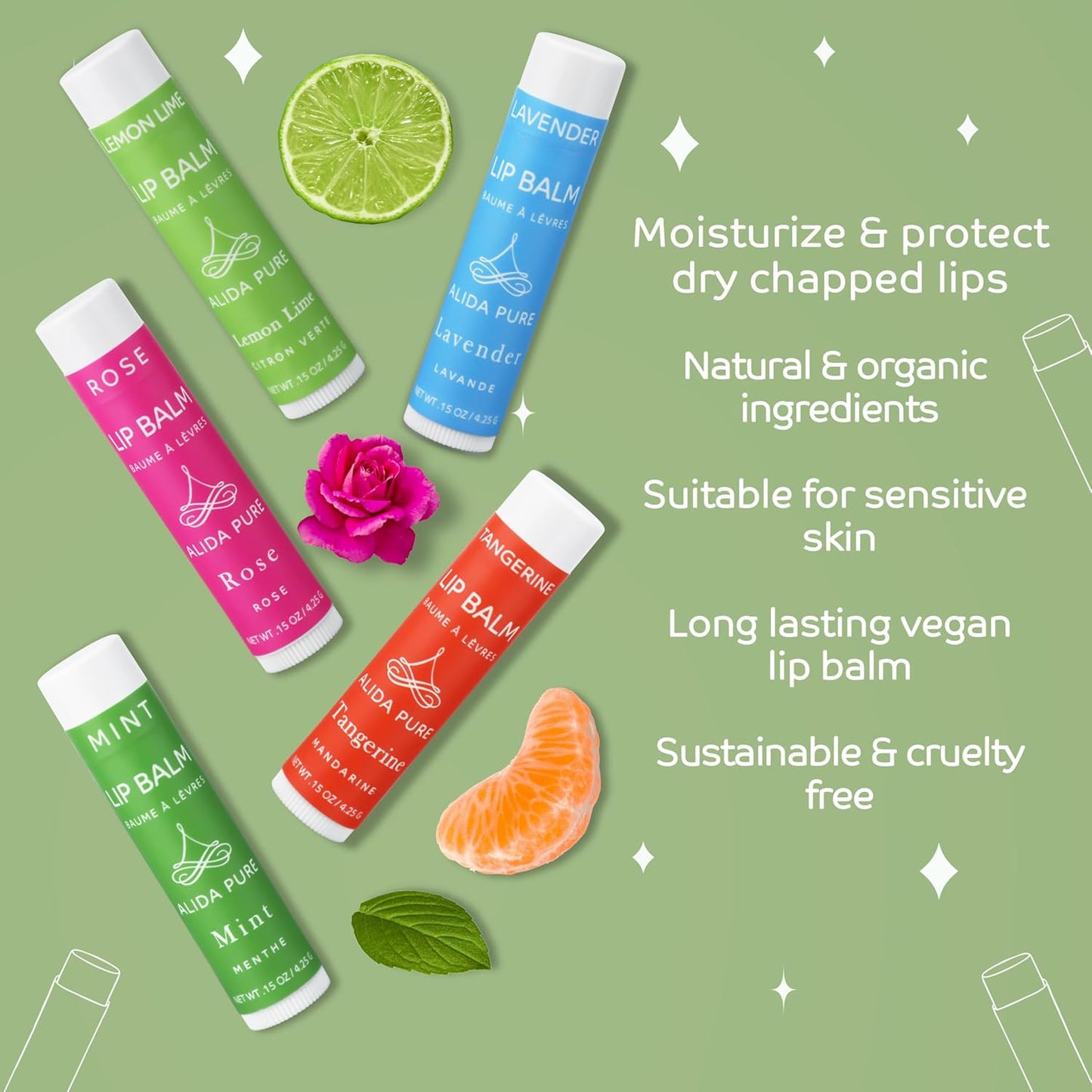 Aria Lip Balm Collection, Vegan Set, Beeswax Free, with Organic Jojoba and Avocado Oil, Vitamin E, Natural Moisturizer for Dry, Chapped Lips, 5 Tube Set