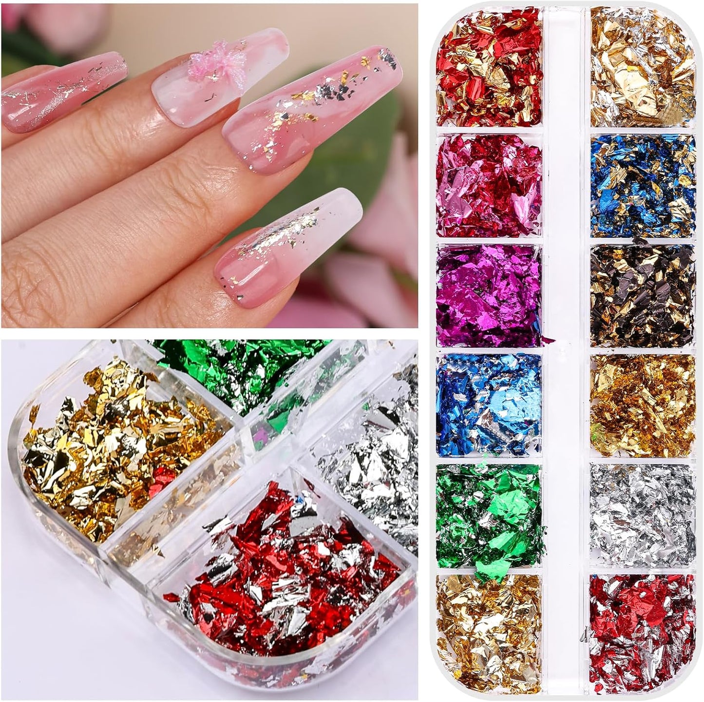 5 Boxes 60 Colors Holographic Nail Glitter Foils Kit, Nail Foil Flakes Laser, 3D Irregular Thin Foil Nail Art Flakes Design Nail Sequins Supplies for Manicure Body Makeup Craft DIY