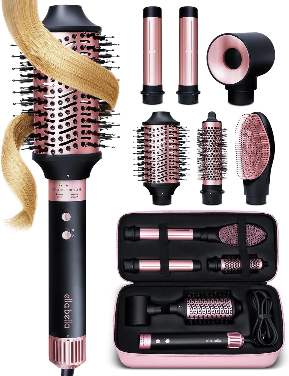 ELLA BELLA® 6 in 1 Professional Hot Air Styler • Powerful Hair Dryer & Straightener Set • Styling Without Heat Damage • Fast Drying Curling Volumizing Straightening • Includes Protective Travel Case