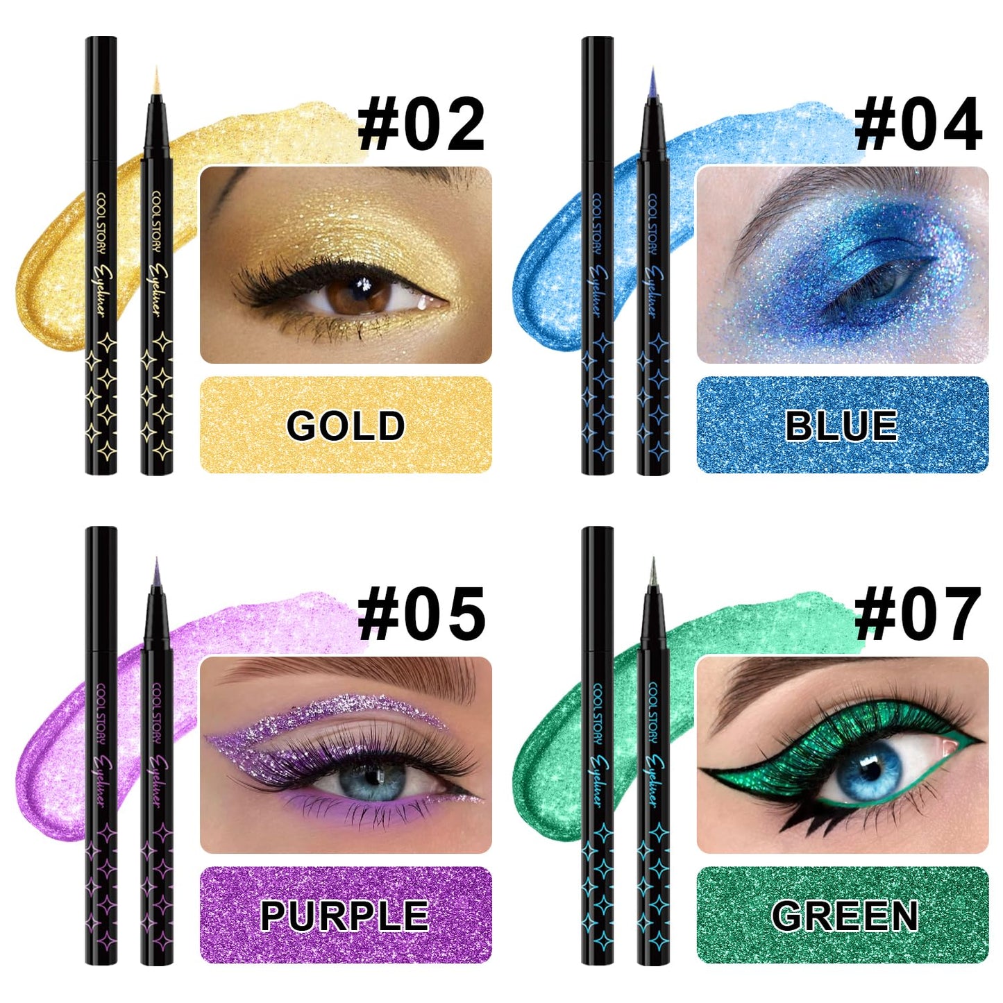 4Pcs Glitter Colored Liquid Eyeliner & Eyeshaow, Shimmer Liquid Eyeliner & Eyeshaow Makeup Set, Purple Blue Gold Green Face Body Glitter Makeup Sparkling Eye shaow Pen