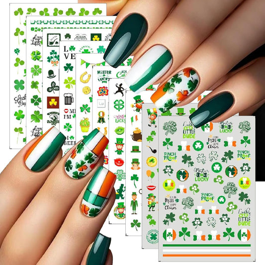 10 Sheets St. Patrick's Nail Art Stickers Green Shamrock 3D Self-Adhesive Four-Leaf Clover Nail Decoration Formal Hat Flag Nail Decals Lucky for Women Irish Spring Summer Design Manicure Decor