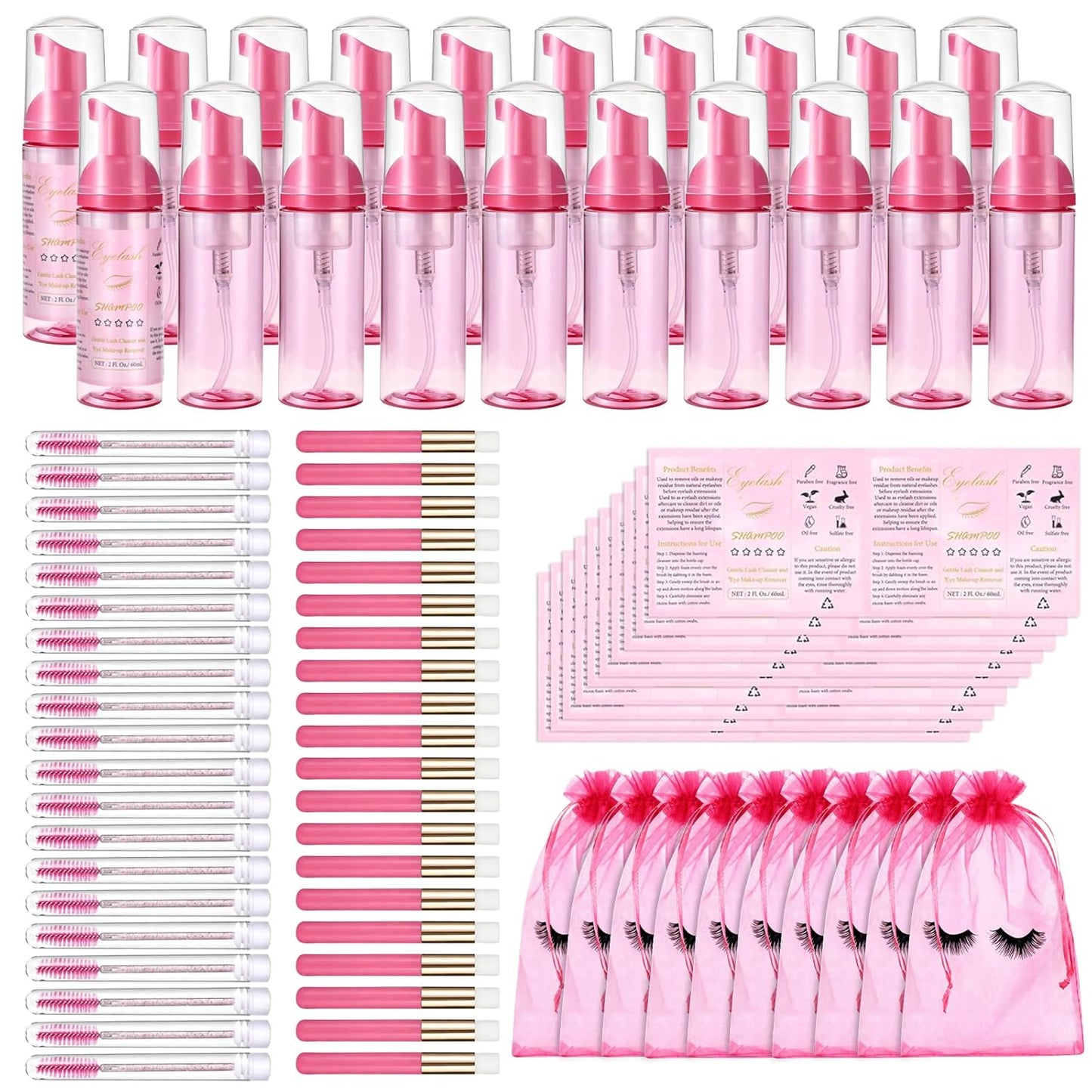 100 Pcs Lash Shampoo Bottle Brushes Set 20 Empty Foam Pump Dispensers 20 Label Stickers 20 Mascara Wands Tubes 20 Cleansing Brush 20 Bag for Eyelash Extensions Aftercare(Red Rose)