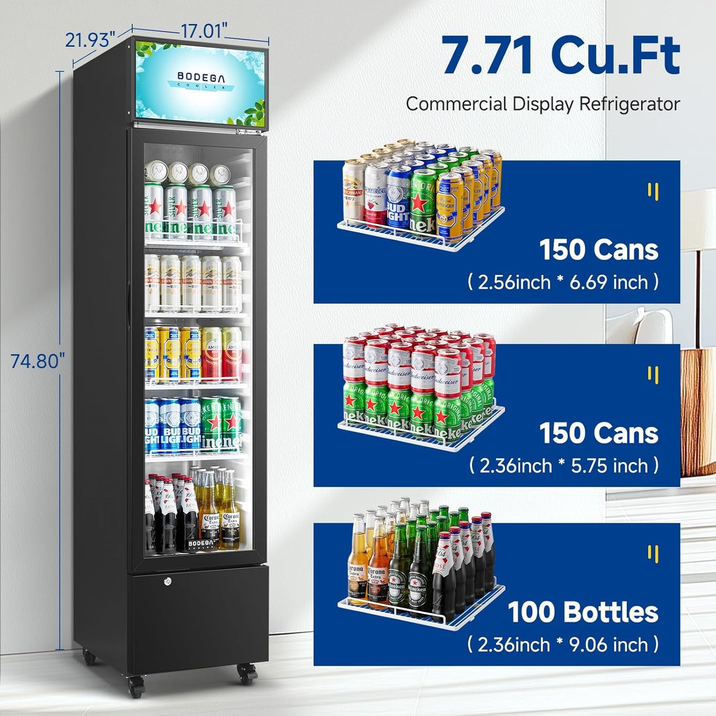 BODEGACOOLER Beverage Refrigerator and Cooler, 7.71 Cu. Ft Commercial Refrigerators for Drink, Beer, Tall Commercial Cooler for Beer, Soda, Single Door Display fridge