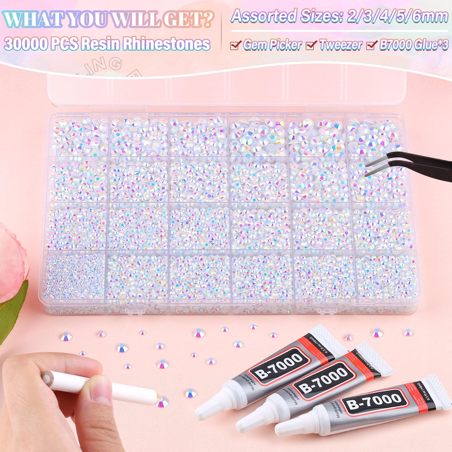 30000Pcs Resin White AB Rhinestones for Bedazzling Crafting with b7000 Jewelry Glue, Bulk Flatback Gems Bedazzler Kit for Crafts Clothes Shoes Fabric Nail Diamond Art, Assorted Size 2/3/4/5/6mm
