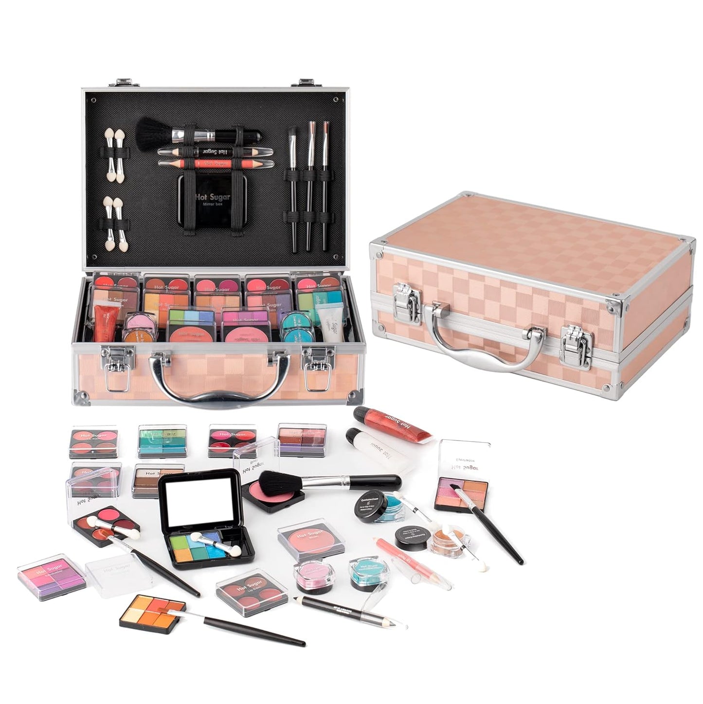 Hot Sugar Makeup Kit for Teenager Girls - Full Starter Cosmetics Set with Eye Shadow Lip Balm Blush Lip Gloss Brush Lip Pencil Eye Pencil and Mirror (Gold Check)
