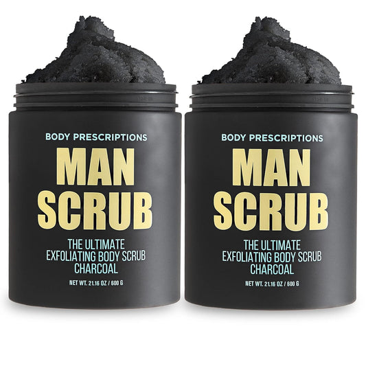 Body Prescriptions Men’s Exfoliating Body Scrub – Ultimate Skin Cleansing Wash in Jar with Twist-Top Lid, For All Skin Types, 21 Ounce (Pack of 2), Charcoal