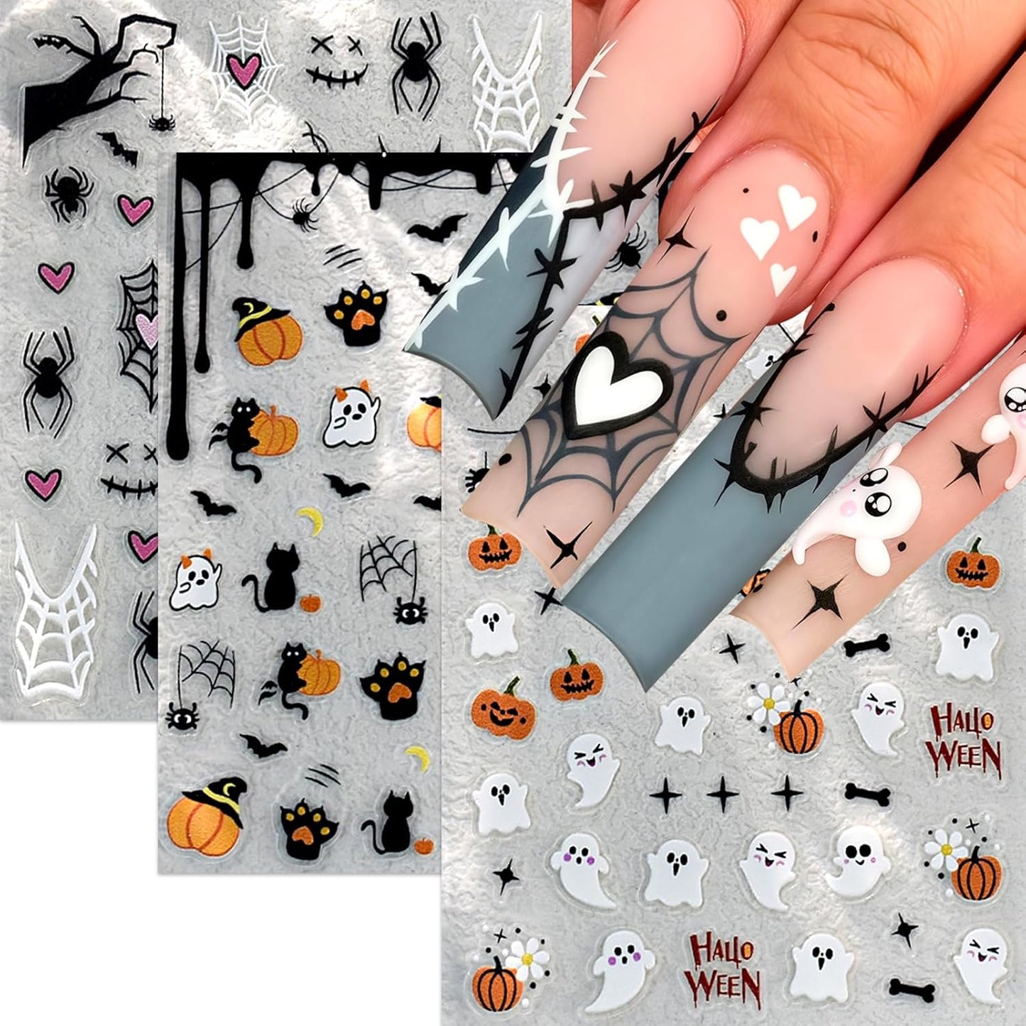 6Sheets Cute Ghost Nail Stickers for Nail Art,Micro-Relief Halloween Spider Nail Decals Pumpkin Cat Heart Spider Web Nail Designs Bat Star Nails Accessories for Women Acrylic Manicure Holiday Supplies