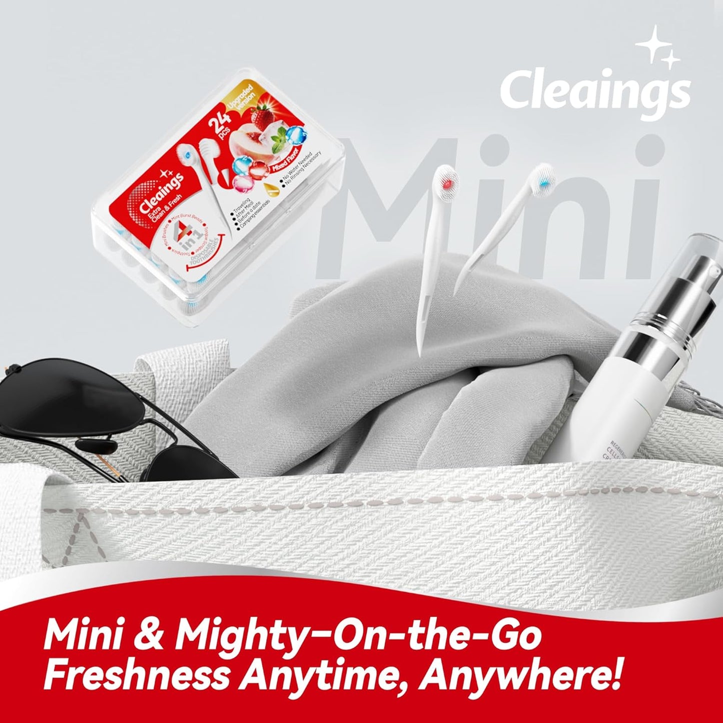 cleaings® Mini Disposable Toothbrush Set with Toothpaste – Travel Essentials, Portable Toothbrush for Women & Men, Camping, Road Trip, Vacation, 24 Count-Intense Mint Flavor（Pack of 5）