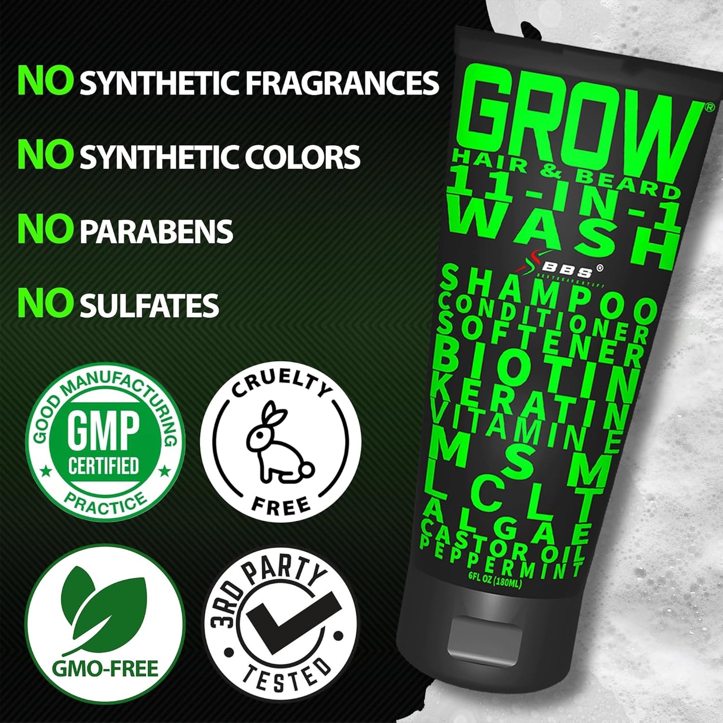 GROW Hair & Beard Wash 11-in-1 – Beard Wash & Conditioner + Beard Growth Shampoo with Biotin, Castor Oil, Peppermint, Keratin – Supports Hair & Beard Growth