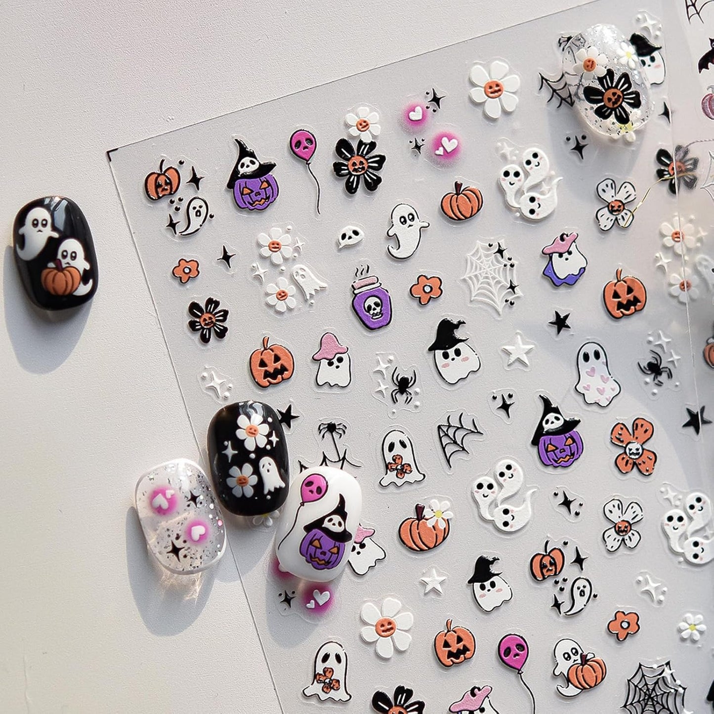 Halloween Nail Stickers for Nail Art Cute Ghost Pumpkin Flower Nail Art Stickers 5D Embossed Nail Decals 3D Self-Adhesive Nails Supply Manicure Sliders for Nails Decoration
