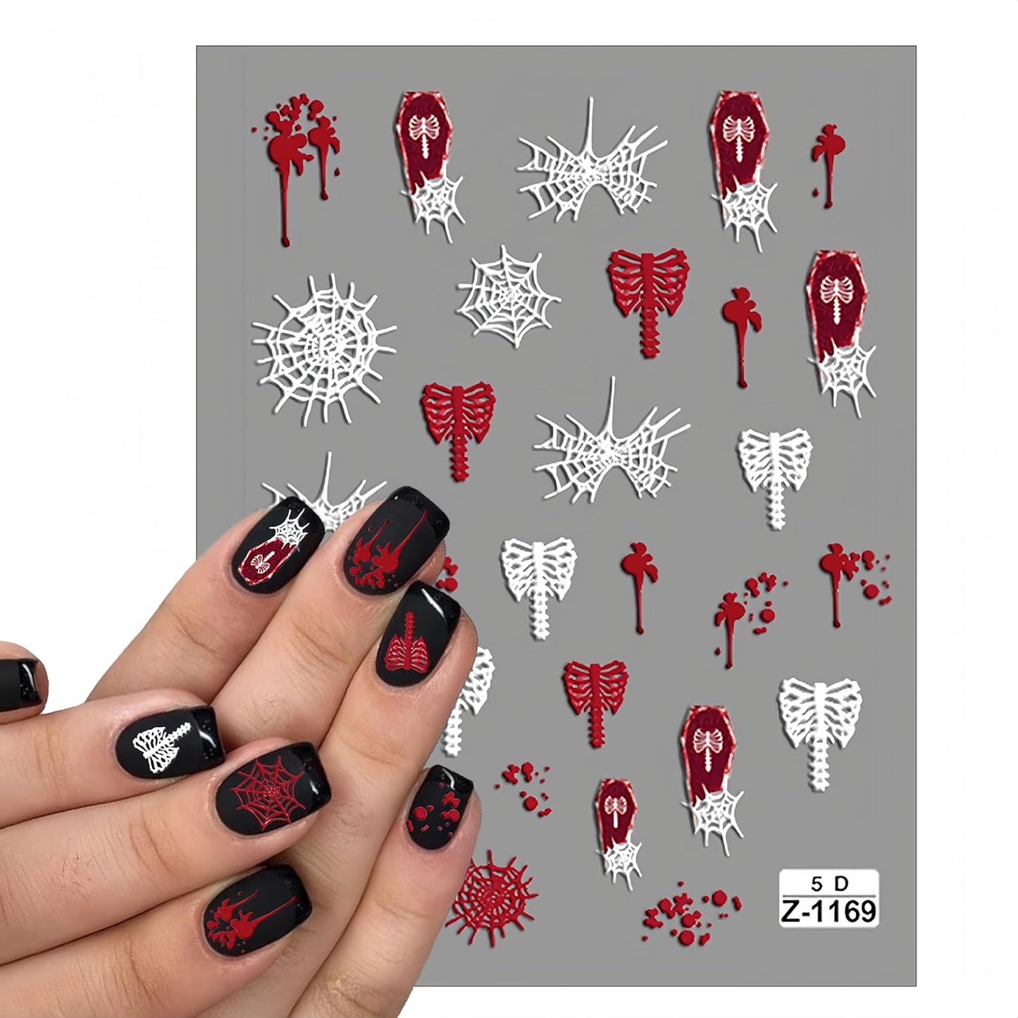 Halloween Nail Art Stickers Skull Ghost 5D Exquisite Embossed Self-Adhesive Nail Decals Scary White Skull Red White Spider Web Designs Nail Decals for Women Girls DIY Nail Decoration 3Sheets