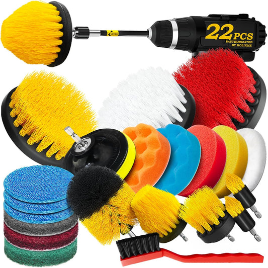 Holikme 22Pack Drill Brush Attachments Set,Scrub Pads & Sponge, Buffing Pads,Power Scrubber Brush,Car Polishing Pad Kit,Wax Applicator Pad,Car Cleaning Kit,Masonry Brushes,Cleaning Supplies