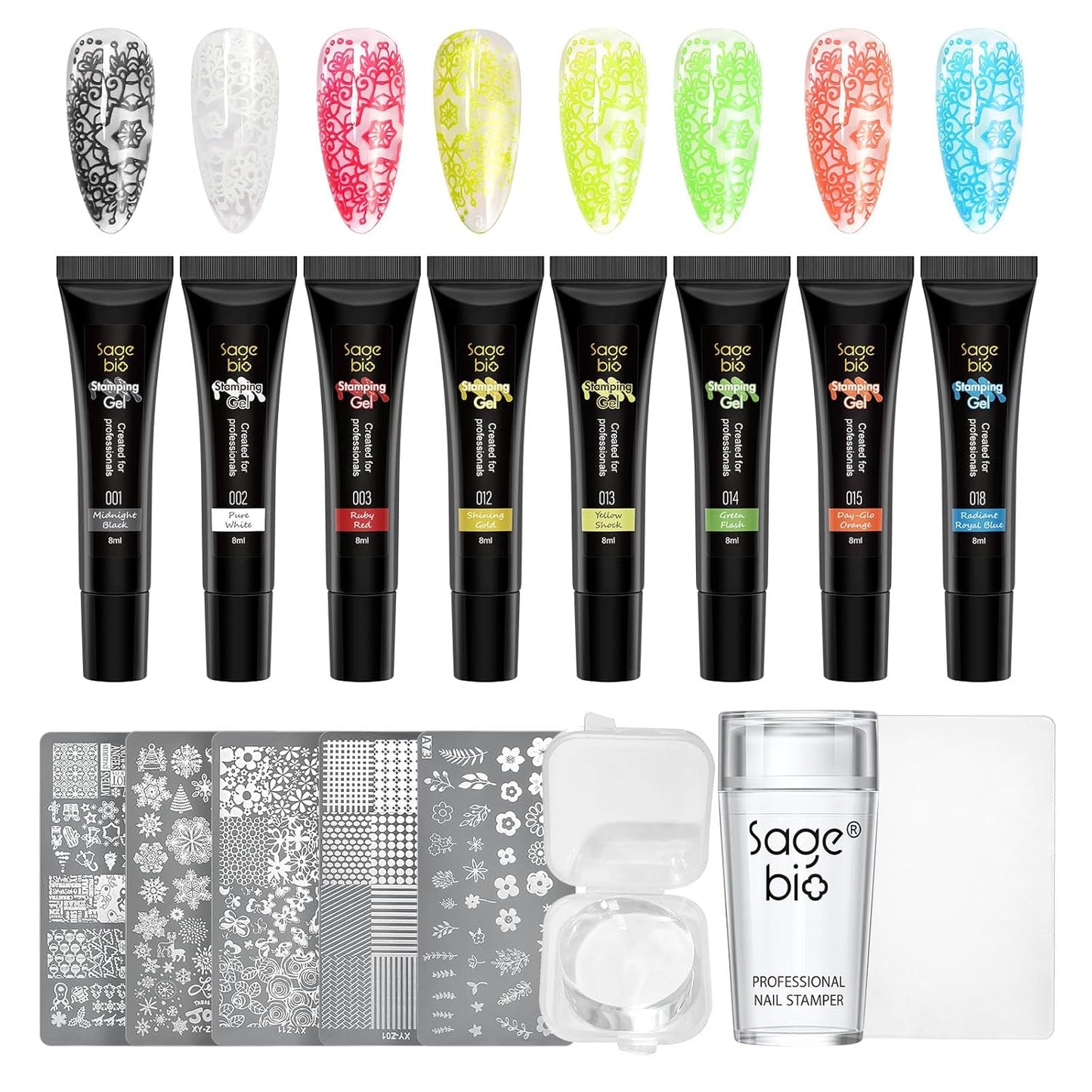 8 Colors Nail Stamping Polish Gels +5Pcs Stamp Print Templates+A set of Stamper with Scraper, Stamping Nail Polish Art Set Manicure Gift Collection