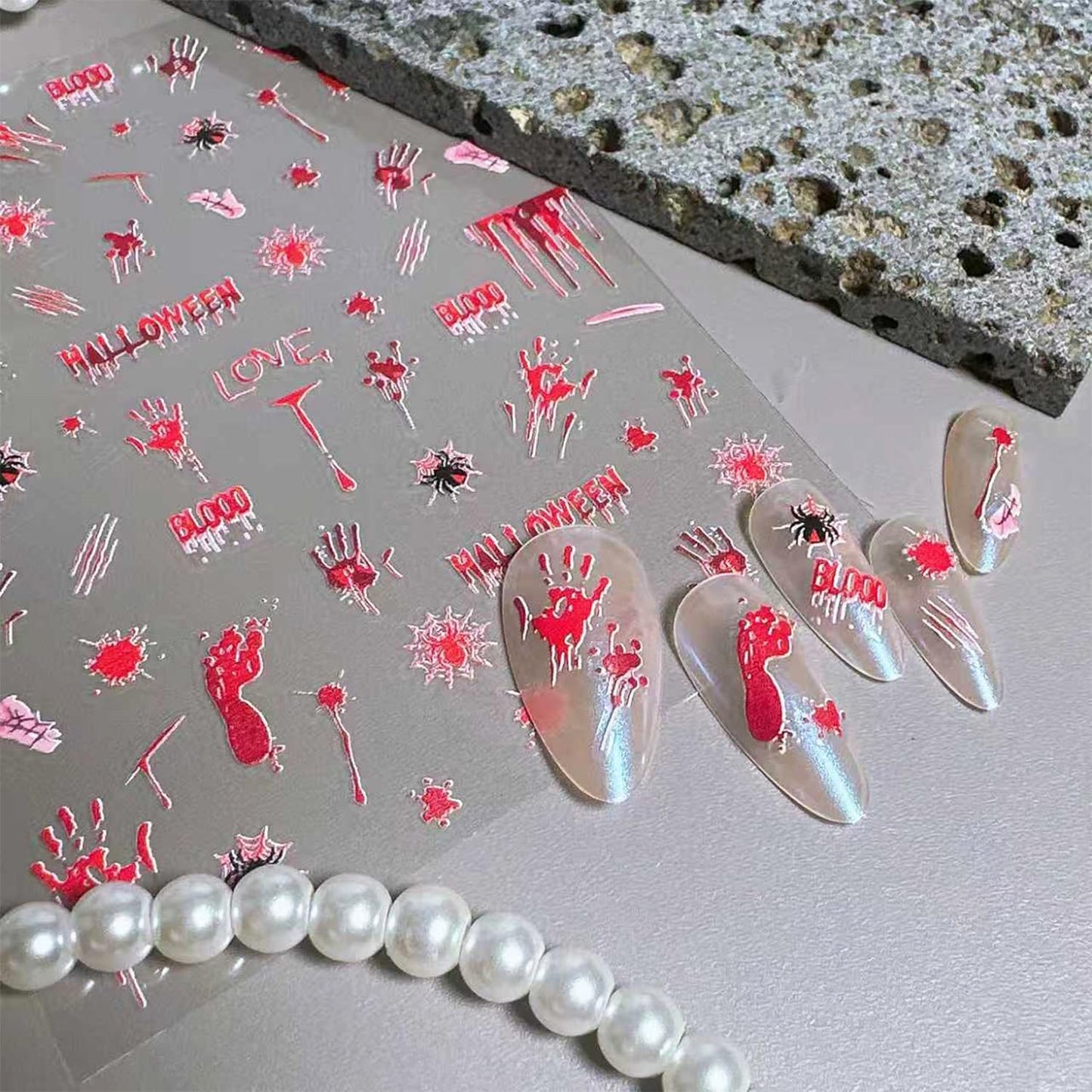 1 Sheets Halloween Nail Decals for Nail Art Horror Bloody Handprint Nail Design Sticker Scary Blood Drop Nail Stickers Bloody Footprints Spider Nail Art Stickers for Women Holiday Nails Decoration