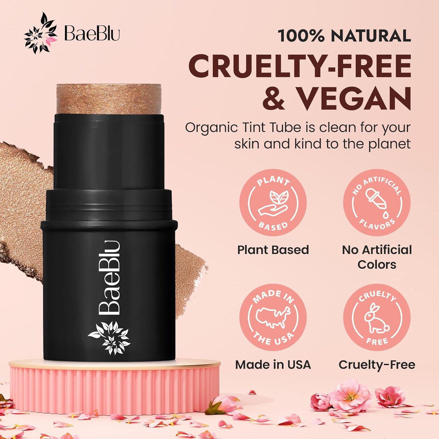 Organic Blush Tube, Amaretto - 100% Natural Vegan Cream Blush Sticks, Multi-Use Bronzer, & Highlighter for Lips, Cheeks & Eyes, Buildable Shimmer, Gluten-Free, Paraben-Free, Made in USA