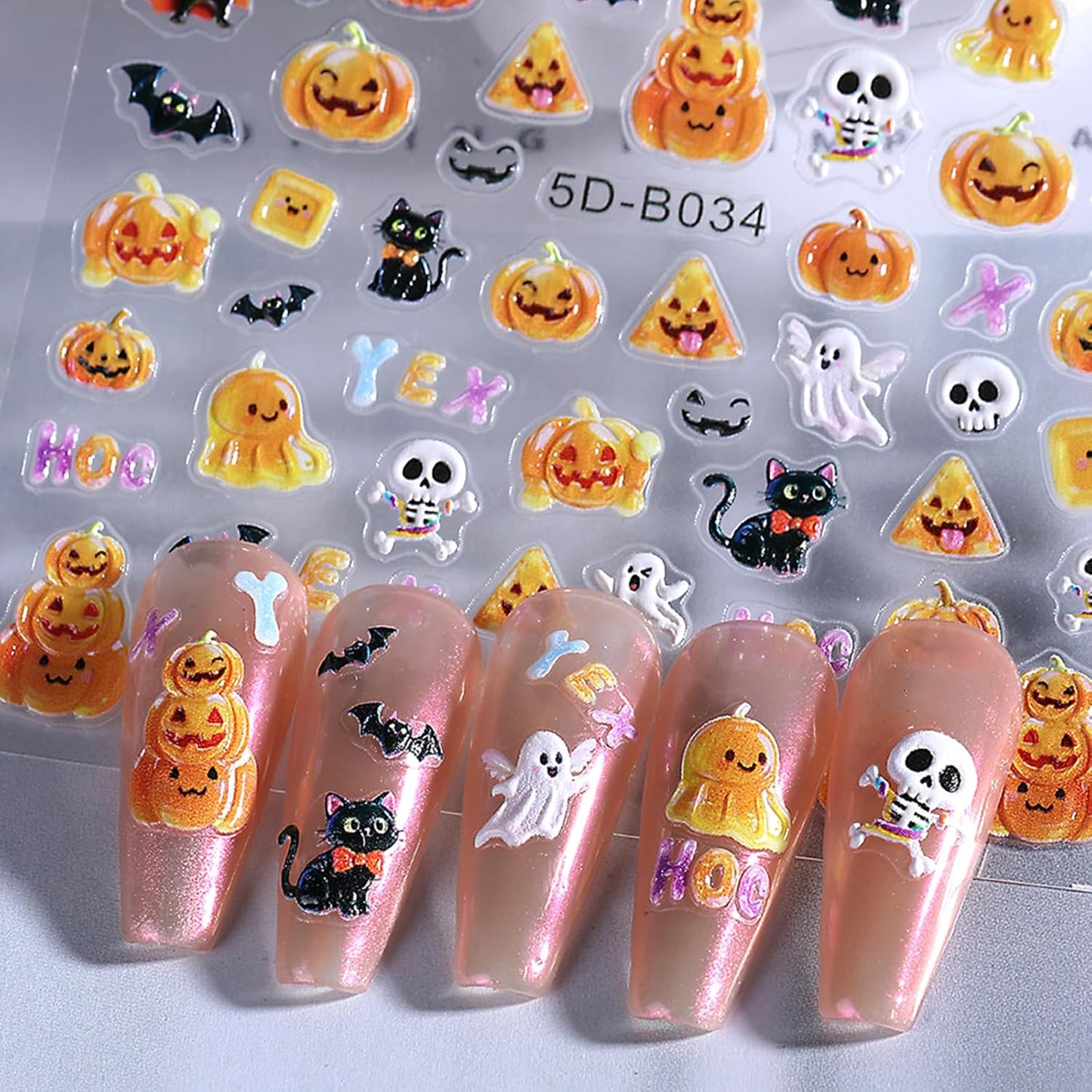 3 Sheets Halloween Nail Art Stickers 5D Embossed Nails Sticker Star Pumpkin Bat Spider Design Cute Ghost Nail Stickers for Women Girls Nail Decoration