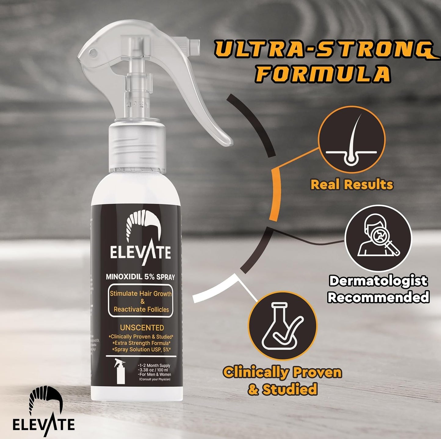Elevate Hair Regrowth Treatment 5% Minoxidil Spray - Extra Strength Formula Professional Treatment for Hair Loss and Thinning for Regrowth - Stimulate Follicles for Men and Women 1 Month Supply