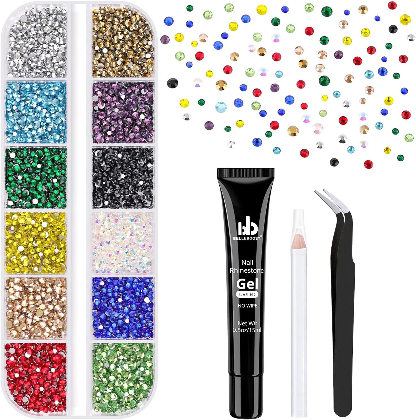 4200Pcs Glass Crystal Small Rhinestones for Nail Art with Nails Rhinestone Glue, Colourful SS3-SS8 Flatback Bedazzling Gems, Nail Rhinestones and Gems Crystals Charms for Acrylic Tips Manicure Decor