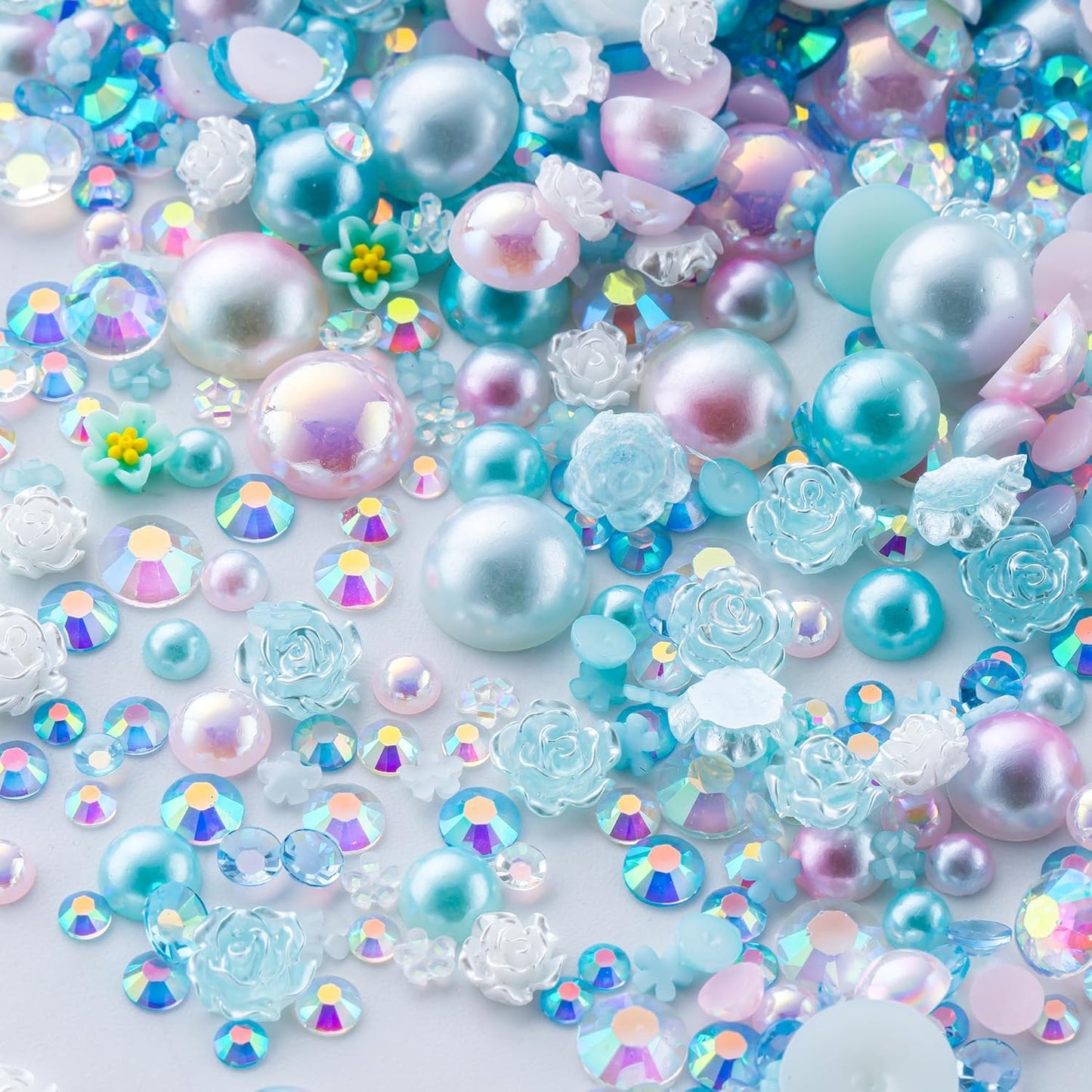 160g Cyan White Flat Back Pearls Rhinestones for Crafts Mixed Size 3mm-10mm AB Color Round Half Pearls Flatback Pearl Beads and Resin Rhinestones Set for Face Art