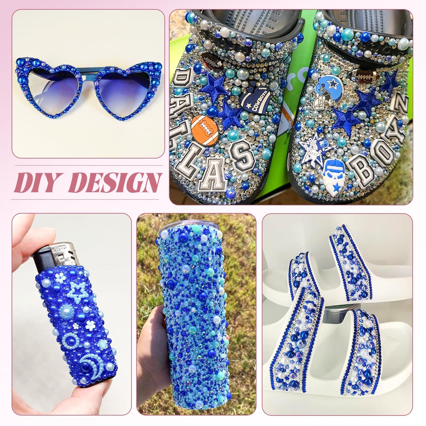 80g Flatback Pearls and Rhinestones for Crafting, Dark Blue Mixed Size 3-10mm Resin Rhinestones and Half Pearls for Bedazzling, Nail Art and Decoration with Tweezer and Pickup Pencil