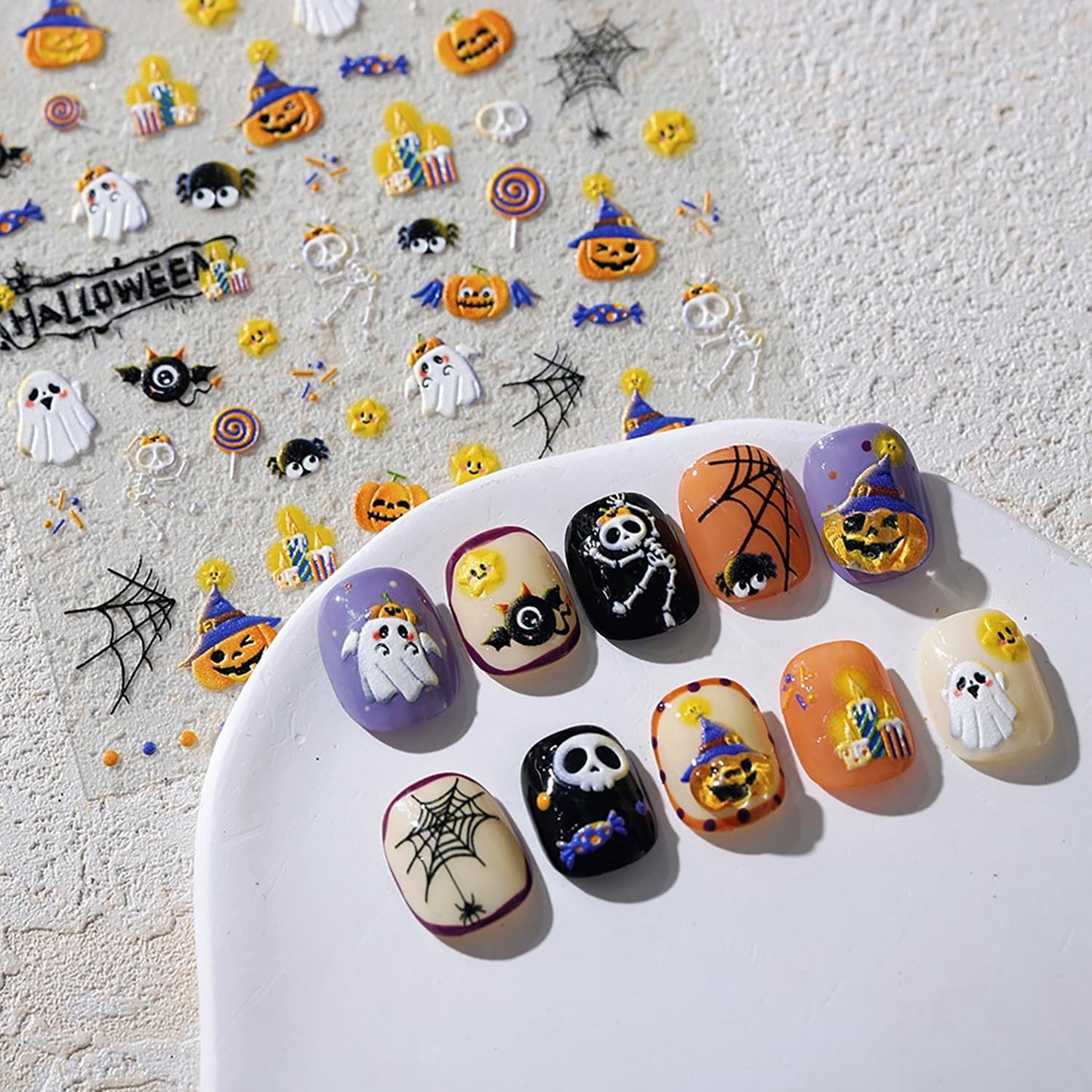 Halloween Nail Stickers 5D Embossed Cute Ghost Nail Art Stickers for Nail Art Designs Halloween Nail Decals Self Adhesive Cute Bat Pumpkin Spider Nail Supplies for Women Nail Decorations