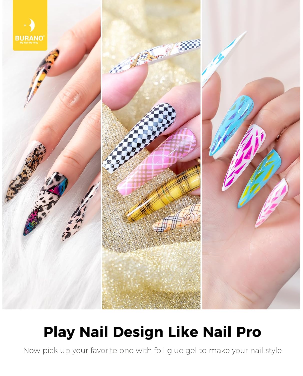 BURANO Nail Art Nail Foil Glue Gel, o.5 oz with 10PCS Foil Stickers Set Nail Foil Glue for Nails Foil Transfer Gel, Nail Design DIY UV LED Lamp Required (Animal Foil 07)