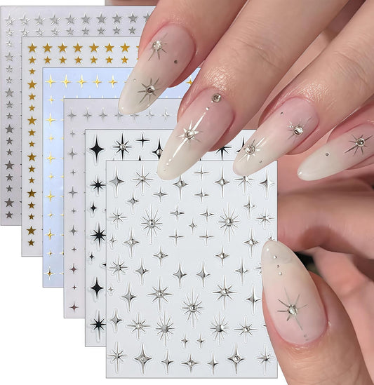 6Sheets Rhinestones Star Nail Art Stickers,3D Self-Adhesive Glitter Gold Silver White Black Stars Nail Art Design Decals Star Stickers for Acrylic Nails Art for Women Girls DIY Manicure Decorations