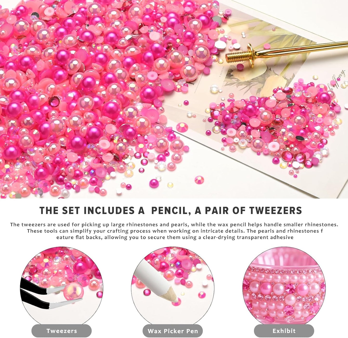 80g Mix Flatback Pearls and Rhinestones for Crafts Pink Mixed Size 2mm-10mm Half Round Pearls Rhinestones for Nail Art Tumblers Shoes DIY Bedazzling with Tweezers Wax Pen