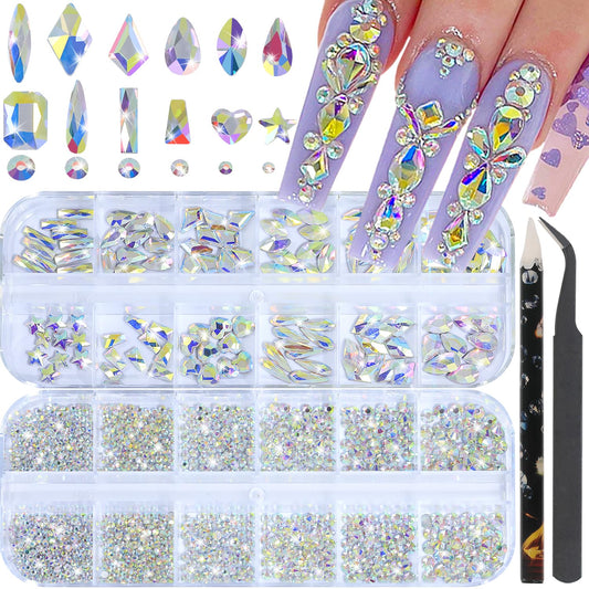 HNUIX Nail Rhinestones - 3D Multi Shape Size, AB Crystal Nail Gems and Charms, Flat Back, with Kit, for Nail Art, DIY Decorations