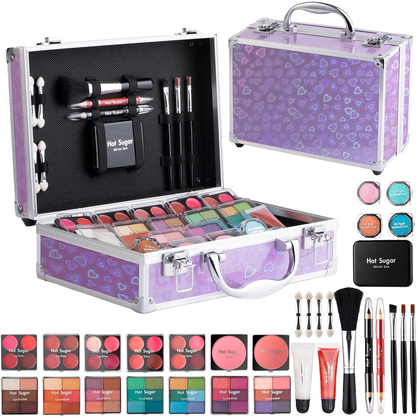 Hot Sugar Makeup Kit for Teenager Girls - Full Starter Cosmetics Set with Eye Shadow Lip Balm Blush Lip Gloss Brush Lip Pencil Eye Pencil and Mirror (Purple Love)