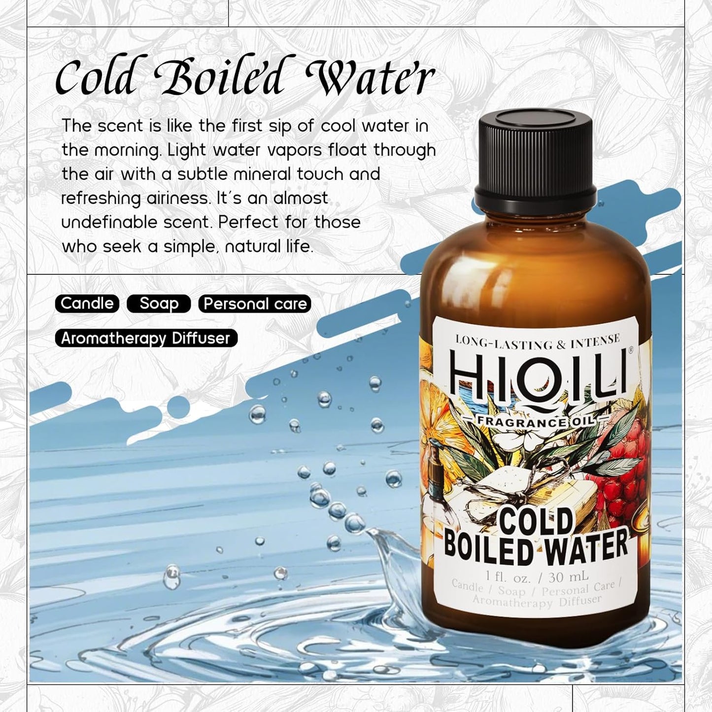 HIQILI Cold Boiled Water Fragrance Oil for Home Diffuser, Great for Making Candle, Soap, Body Wash, DIY Multipurpose Room Spray- 1 Fl Oz