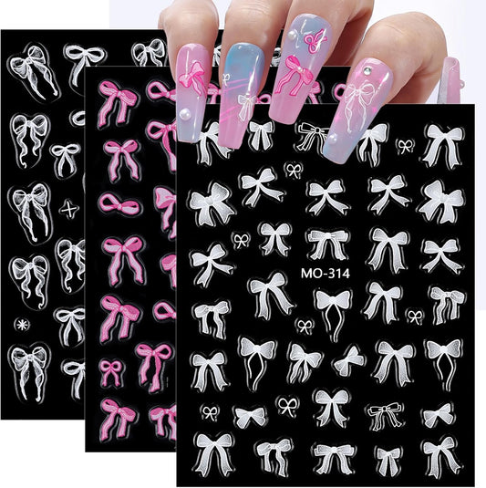 Bow Nail Art Stickers 3 Sheets 5D Embossed Self Adhesive Nail Decals Pink White Bow Nail Stickers Cute Elegant Lace Design Nail Art Supplies for Women DIY Manicure Decorations