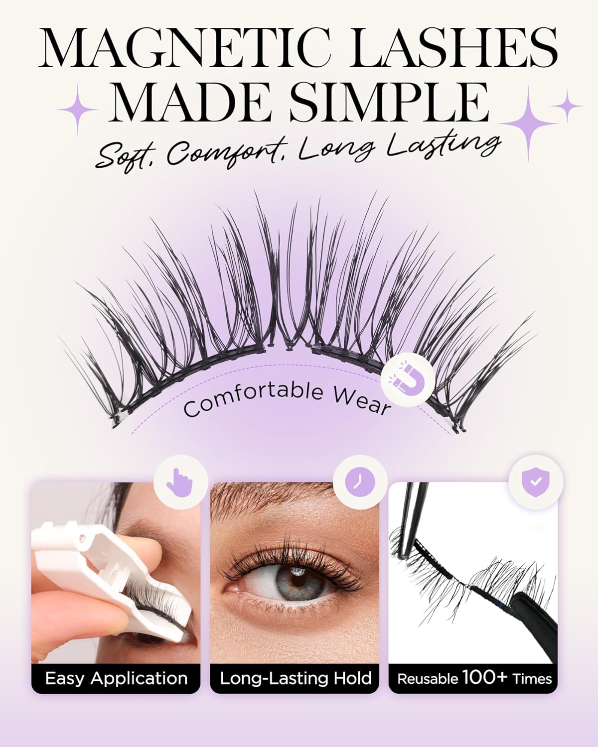 BEYELIAN Magnetic Eyelashes Natural Look Soft Magnetic Lashes with Applicator Reusable No Glue Needed False Eyelashes Easy to Wear and Remove (1 Pair,SME03)
