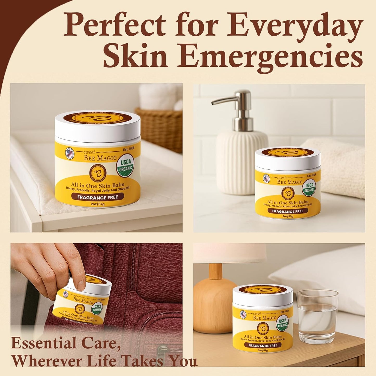 Sweet Bee Magic All In One Healing Organic Balm - Natural Skin Healing Cream, Beeswax Balm for Dry Skin, Face & Body Moisturizer - Certified Organic, All Natural Aid - 6 Jars - (2oz Each, 12oz Total)