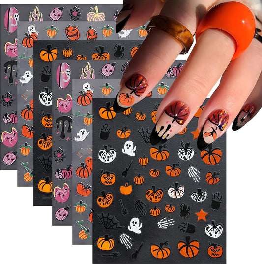 12Pcs Halloween Nail Stickers - Halloween Nail Decals - 3D Self-Adhesive Ghosts Pumpkin Spider Web Nail Design Decorations for Halloweens DIY Manicure Supplies - Nail Art Decorations Accessories