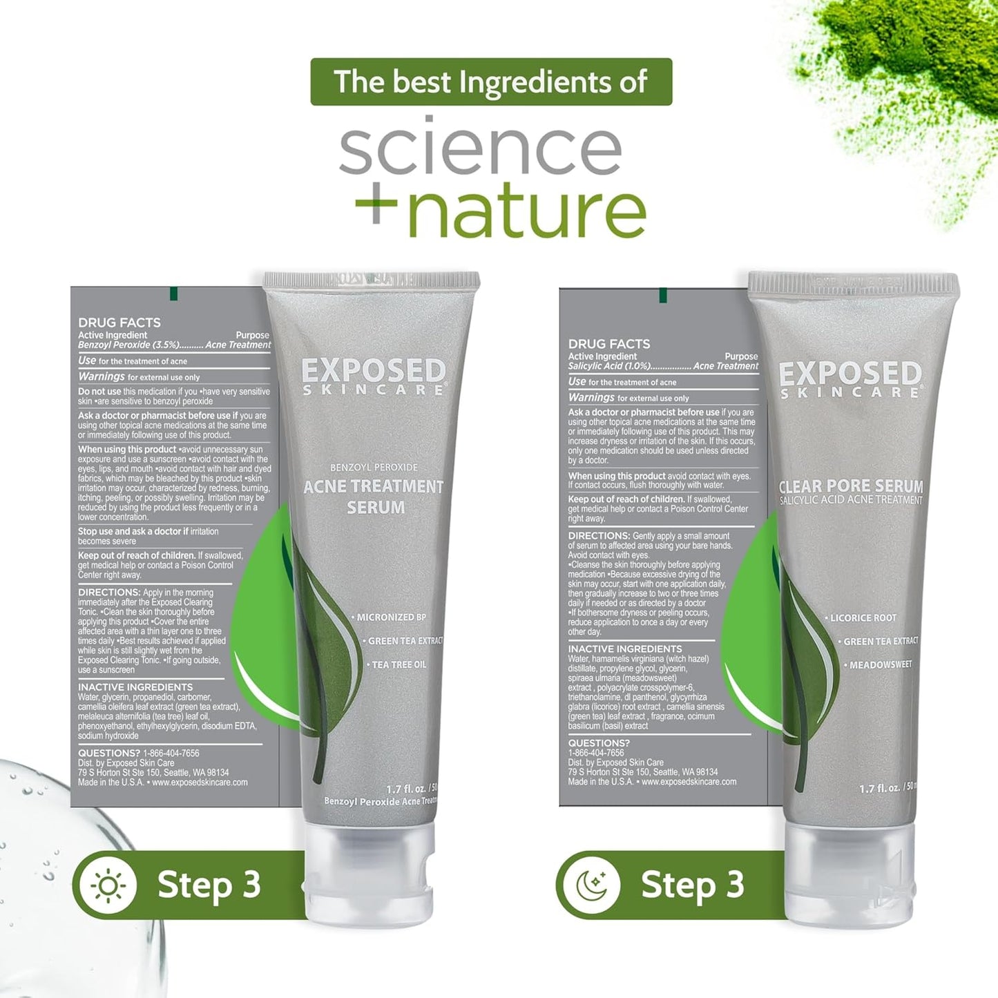 Exposed Skin Care Basic Acne Treatment Kit - Includes Salicylic Acid Face Wash, Clearing Tonic, Treatment Serum with Benzoyl Peroxide, Clear Pore Serum - Natural Acne Solution for All Skin Types