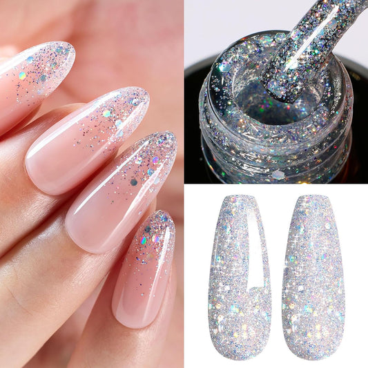 Beetles Glitter Gel Nail Polish, 15ml Silver Chrome Gel Polish, Diamond Shine Nail Polish, Soak Off U V LED Nail Lamp Long Lasting Highly Shine Nail Art Gifts for Women