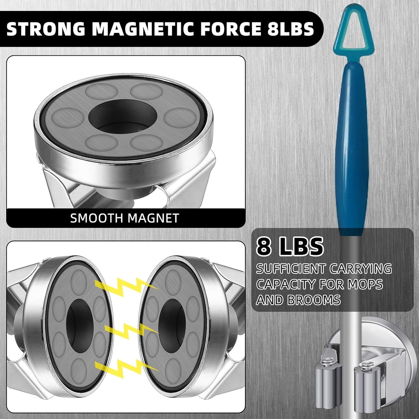 4 Pcs Magnetic Mop Broom Holder Movable Magnetic Broom Holder Rack, Anti Slip Wall Mounted Utility for Cleaning Tools, Garage, Kitchen, Laundry, Garden (Silver)