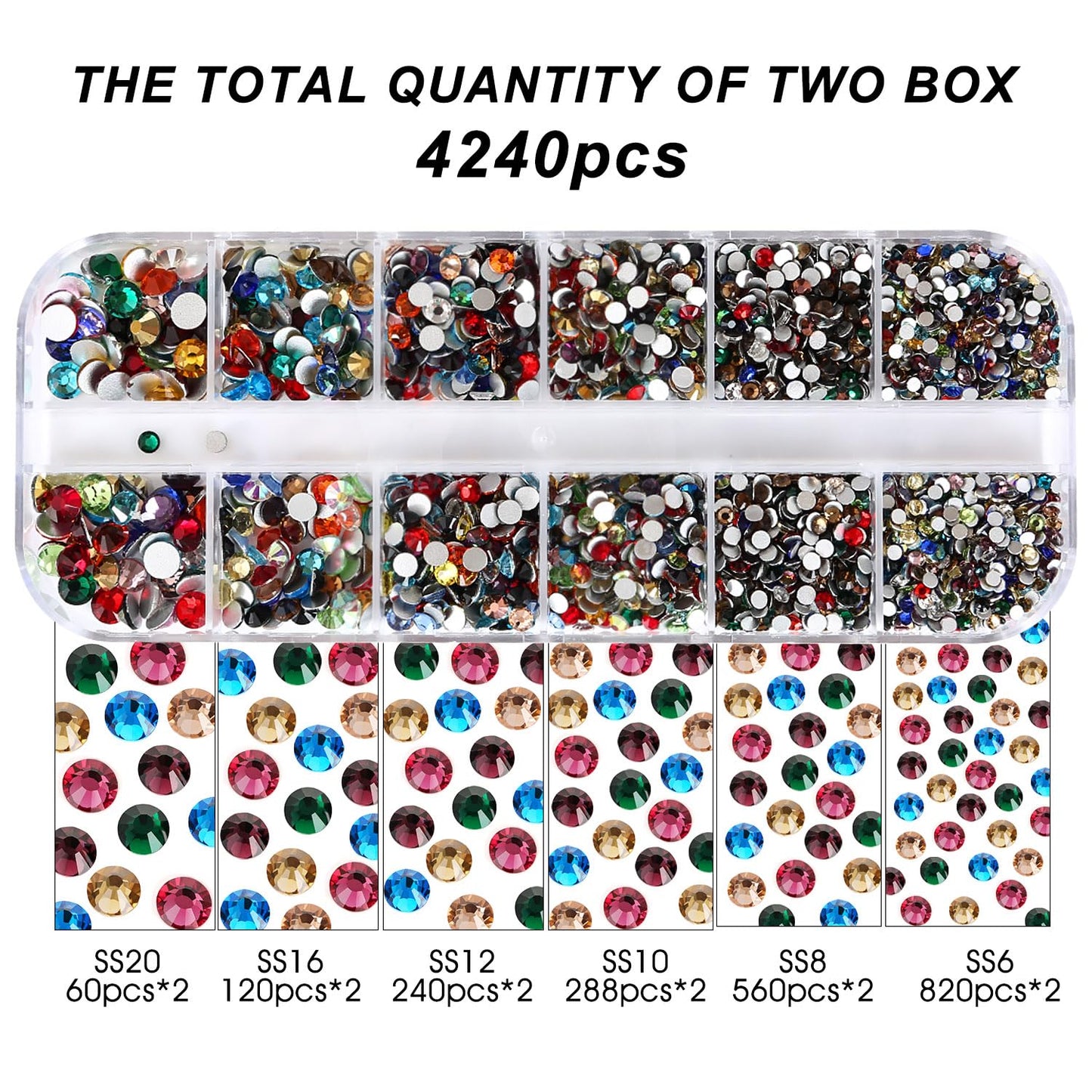 4240Pcs Flatback Multicolor Rhinestones Glass Crystal Gems for Nail Art Face Jewels Round with Tweezers and Picking Pen (SS6~SS20 Set)