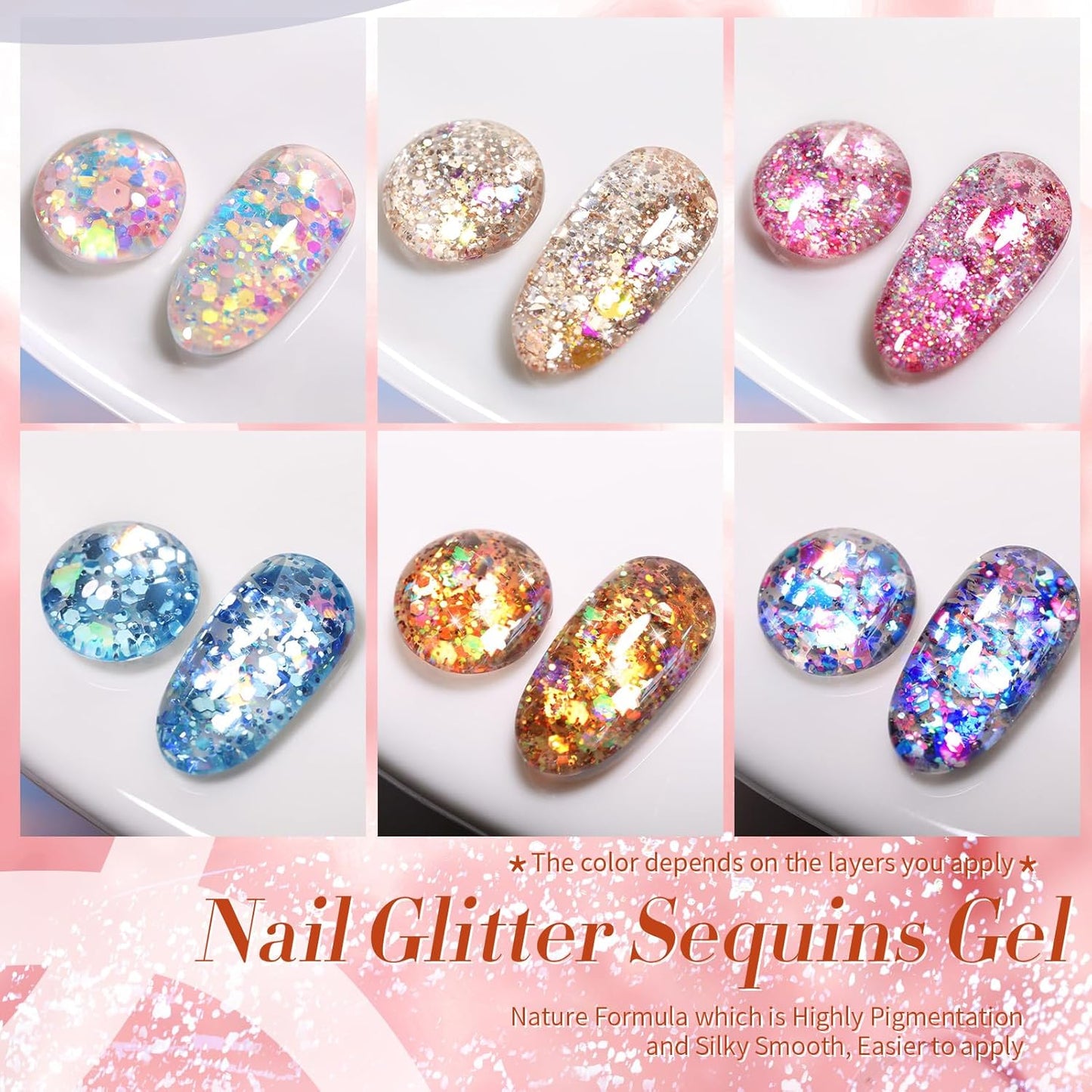 Born Pretty Glitter Sequins Gel Nail Polish, Sparkle Shiny Gel Polish, Pink Blue Gold Platinum Holiday Gift Gel Polish Design, Nail Art Starter Manicure Salon DIY at Home 7ML 6PCS